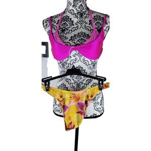 SAME Los Angeles Bikini Set L Pink Underwire Top Yellow Floral Bottom NWT